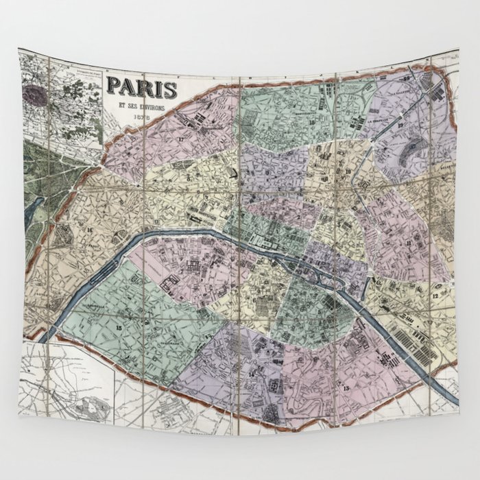 Map of Paris, France - 1878 vintage pictorial map Wall Tapestry