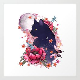 Black cat and moon, flowers and butterfly Art Print