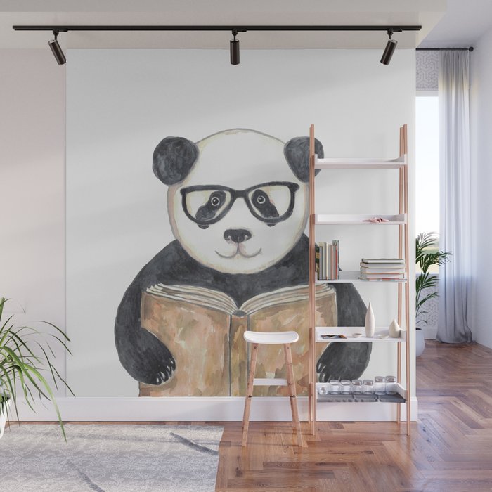 Panda reading book watercolor  Wall Mural