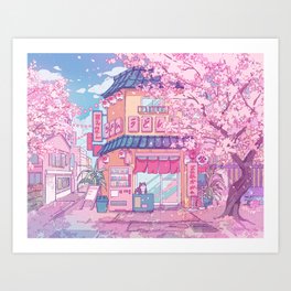 Cute cats' cafe and the pink cherry trees blossom Art Print
