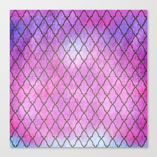 Purple and blue Quatrefoil with Gold Frame- Elegant Morrocan Watercolor Pattern Canvas Print
