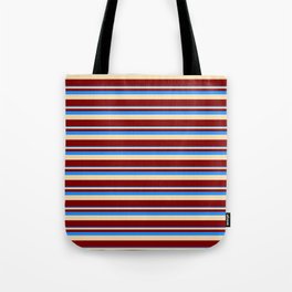[ Thumbnail: Blue, Tan, and Maroon Colored Lined Pattern Tote Bag ]