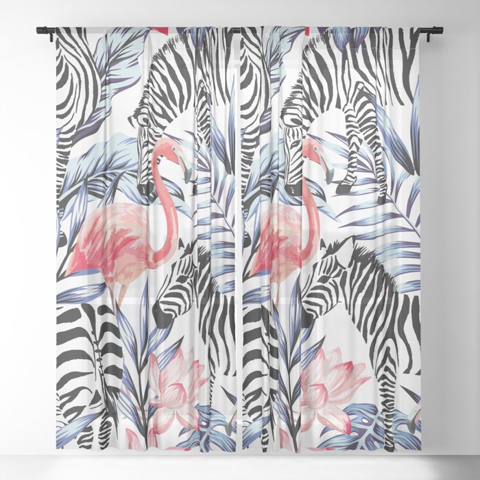 Exotic pink flamingo, zebra on background summer blue tropic palm leaf Sheer Curtain