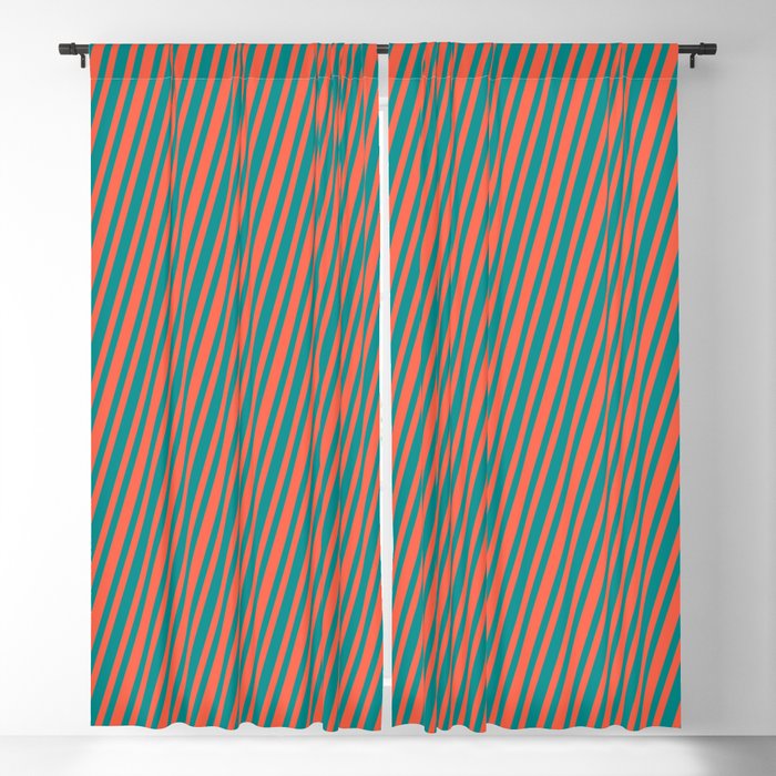 Dark Cyan & Red Colored Striped Pattern Blackout Curtain
