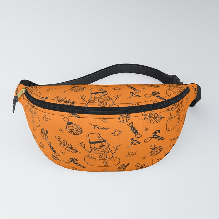 Orange and Black Christmas Snowman Doodle Pattern Fanny Pack