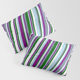 [ Thumbnail: Light Blue, Purple, Light Slate Gray, Dark Green & White Colored Striped Pattern Pillow Sham ]