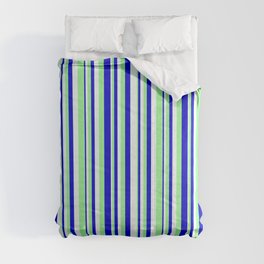 [ Thumbnail: Mint Cream, Green, and Blue Colored Pattern of Stripes Comforter ]