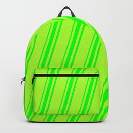 [ Thumbnail: Light Green and Lime Colored Striped Pattern Backpack ]