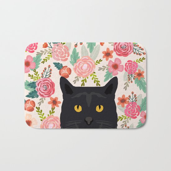 Black Cat florals spring summer animal portrait pet friendly cat lady gifts for her or him cute cats Bath Mat