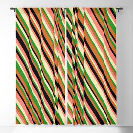[ Thumbnail: Eye-catching Salmon, Beige, Forest Green, Chocolate, and Black Colored Lines/Stripes Pattern Blackout Curtain ]