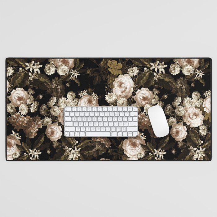 Antique Botanical Sepia Roses And Chamomile Midnight Garden Desk Mat