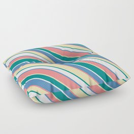 [ Thumbnail: Light Coral, Tan, Teal, White & Blue Colored Striped/Lined Pattern Floor Pillow ]