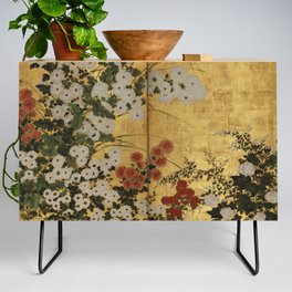 White Red Chrysanthemums Floral Japanese Gold Screen Credenza