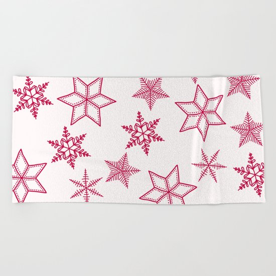 Red Snowflakes On White Background Beach Towel