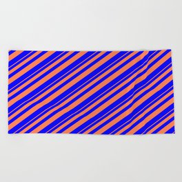 [ Thumbnail: Coral & Blue Colored Striped Pattern Beach Towel ]