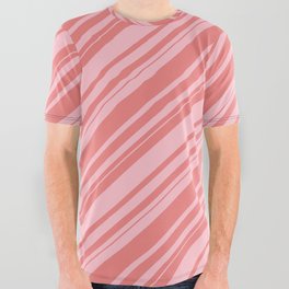 [ Thumbnail: Light Coral & Pink Colored Lines Pattern All Over Graphic Tee ]