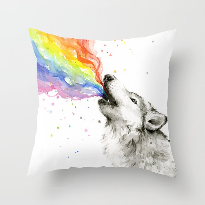 Wolf Howling Rainbow Watercolor Throw Pillow