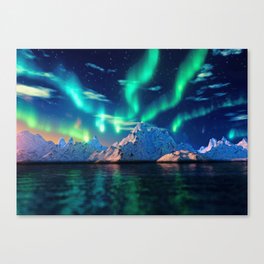 Northern Lights On Snowy Mountains | Aurora Borealis | Night Sky | Winter | Scenic | Nature Photography Art Canvas Print