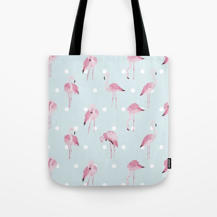 Flamingo pattern on blue background with white polka dots Tote Bag