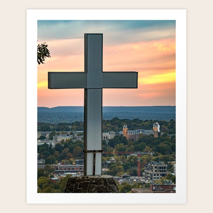 The Skyline Cross Of Mt Sequoyah And Old Main At Sunset Art Print by