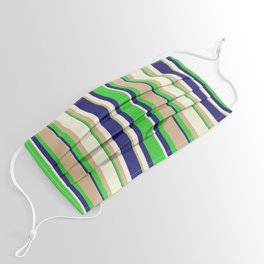 [ Thumbnail: Midnight Blue, Lime Green, Tan & Beige Colored Stripes/Lines Pattern Face Mask ]