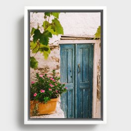 Greek Holiday Scene - Blue Door with Pink Flowers - Still Live Travel Photography, Colorful Fine Art Framed Canvas