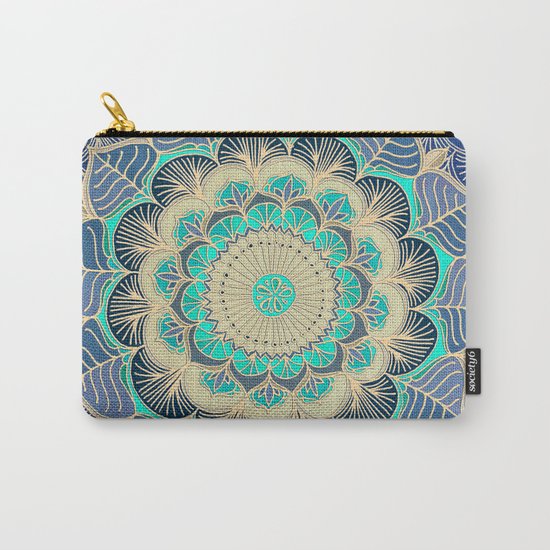 Midnight Bloom - detailed floral doodle in gold, navy blue & mint Carry-All Pouch