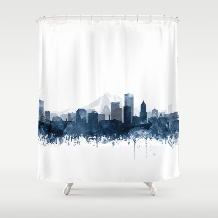 Portland Skyline Navy Blue Watercolor by Zouzounio Art Shower Curtain