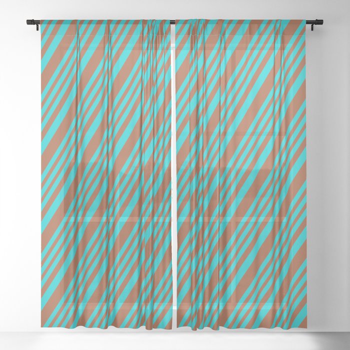 Dark Turquoise and Sienna Colored Striped/Lined Pattern Sheer Curtain