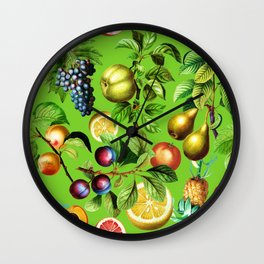 Fruit Pattern On Green Background Wall Clock
