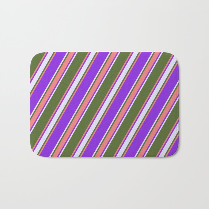 Dark Olive Green, Light Coral, Purple & Lavender Colored Stripes/Lines Pattern Bath Mat