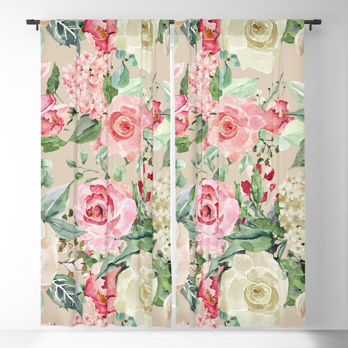 Modern rustic creme rose pink watercolor floral Blackout Curtain