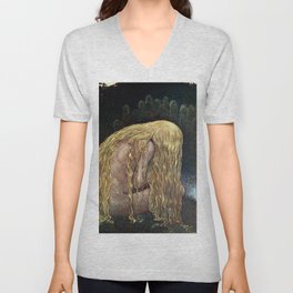 The Girl Who Lost It All, blond nude at the lakeside magical realism painting by John Bauer V Neck T Shirt