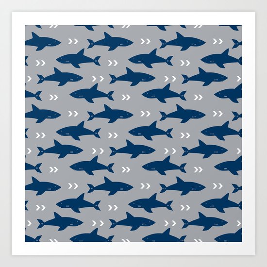 Sharks and chevrons minimal basic nursery baby home decor pattern nautical ocean Art Print