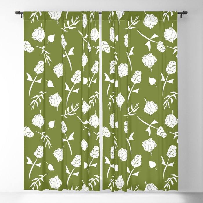 Bright Olive Green and White Floral Pattern Blackout Curtain