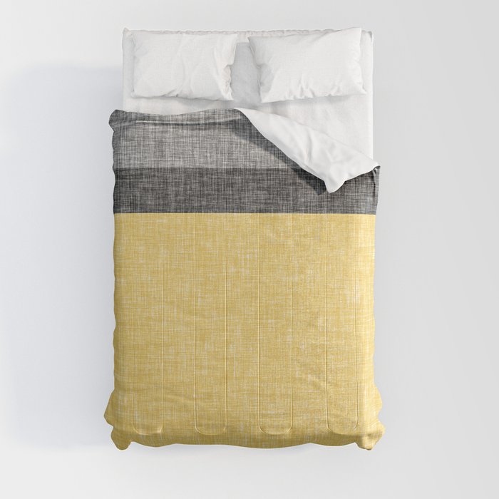 Yellow Grey and Black Section Stripe and Graphic Burlap Print Comforter