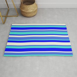 [ Thumbnail: Royal Blue, Turquoise, Blue & Beige Colored Lined Pattern Rug ]