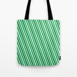 [ Thumbnail: Turquoise and Green Colored Stripes Pattern Tote Bag ]
