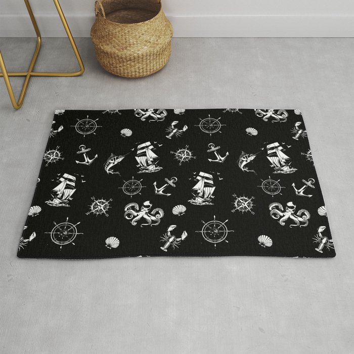 Black And White Silhouettes Of Vintage Nautical Pattern Rug