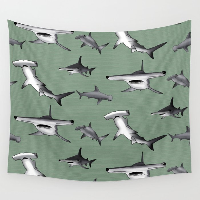 Hammerhead Shark pattern on loden green Wall Tapestry