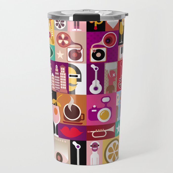 Art collage, musical illustration. Patchwork seamless wallpaper. Travel Mug