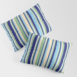 [ Thumbnail: Bisque, Dark Sea Green, Midnight Blue, and Sky Blue Colored Stripes Pattern Pillow Sham ]