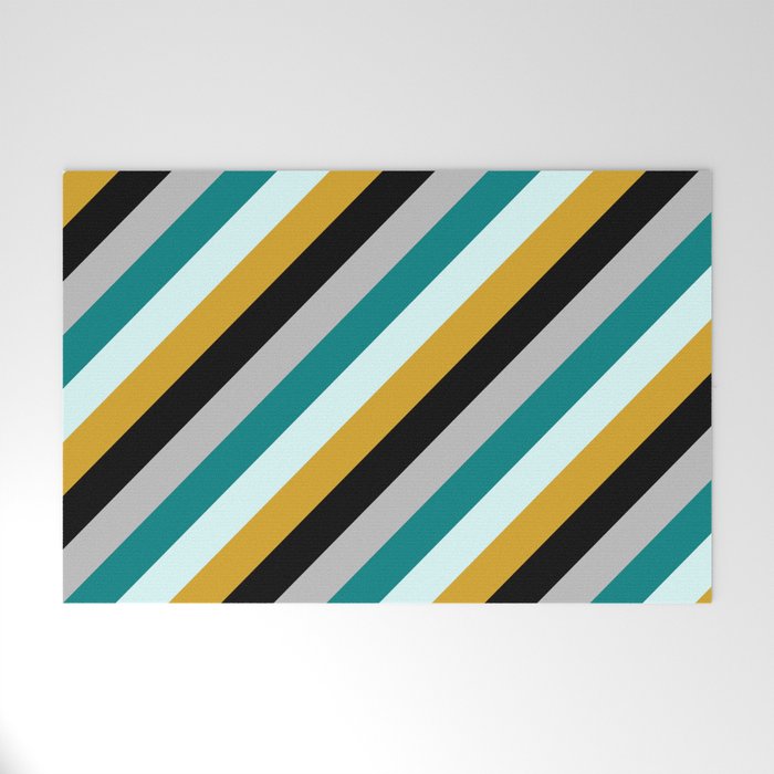 Eyecatching Grey, Teal, Light Cyan, Goldenrod & Black Colored Lines Pattern Welcome Mat