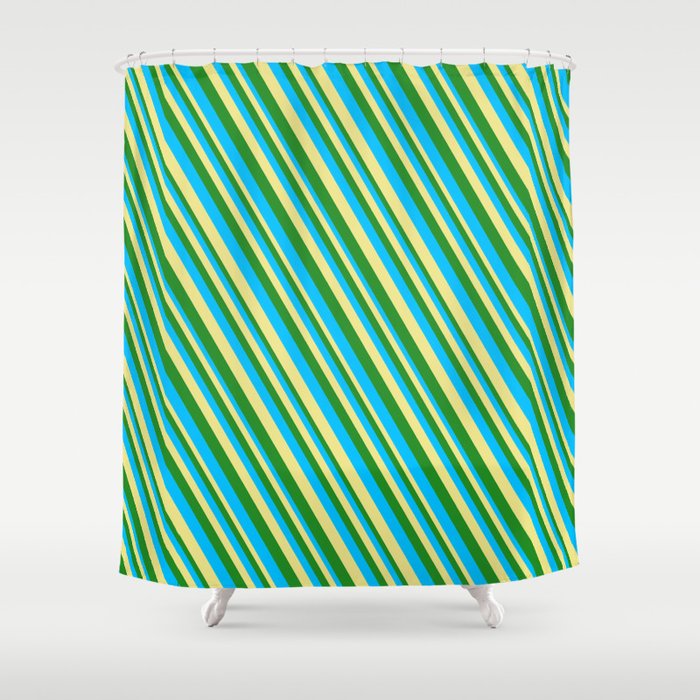 Deep Sky Blue, Tan & Forest Green Colored Striped Pattern Shower Curtain