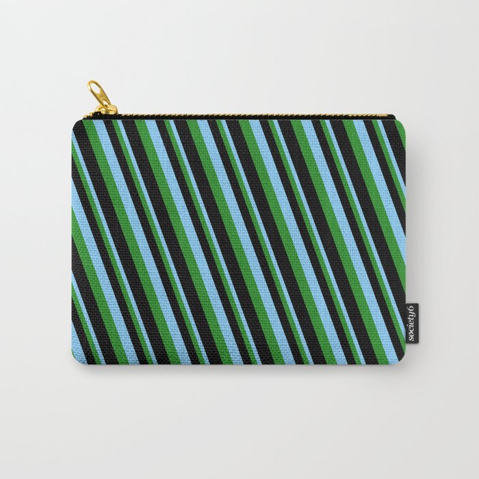 Light Sky Blue, Forest Green & Black Colored Pattern of Stripes Carry-All Pouch