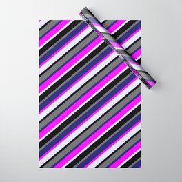 [ Thumbnail: Colorful Fuchsia, Lavender, Black, Dim Grey & Midnight Blue Colored Stripes/Lines Pattern Wrapping Paper ]