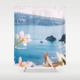 Sailboat on Santorini - Island in Greece - Mediterranean Travel Photography Shower Curtain