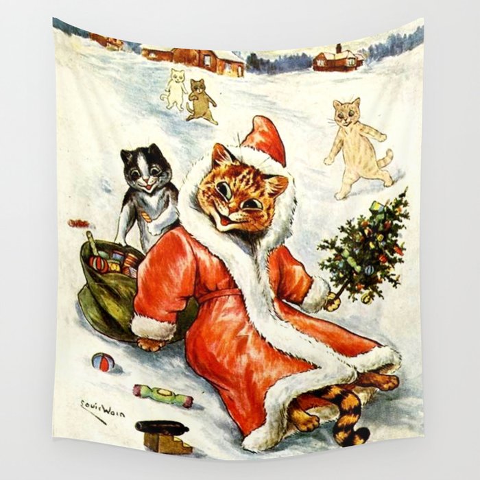 'To Wish You A Merry Christmas' by Louis Wain Wall Tapestry