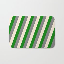 [ Thumbnail: Gray, Beige, and Green Colored Lined Pattern Bath Mat ]