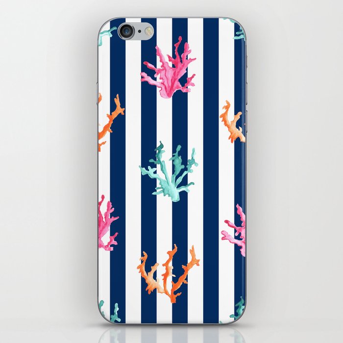 Colorful Coral Reef on Navy Blue Stripes iPhone Skin